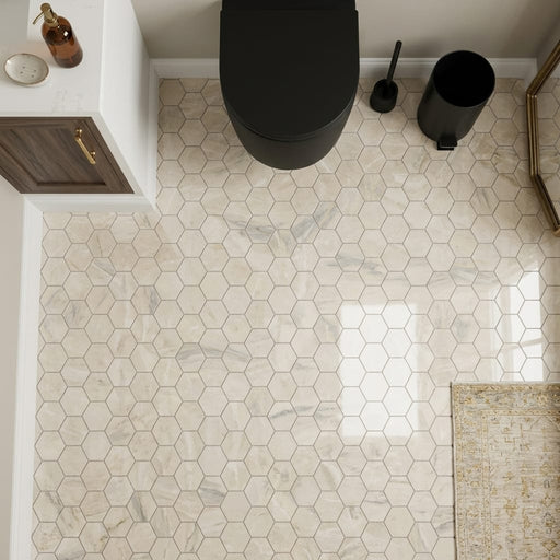 Diano Royal (Queen Beige) Marble 2x2 Polished Hexagon Mosaic — Powder Room floor