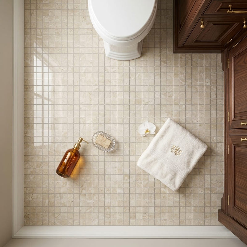 Diano Royal (Queen Beige) Marble 2x2 Polished Mosaic — Bathroom floor