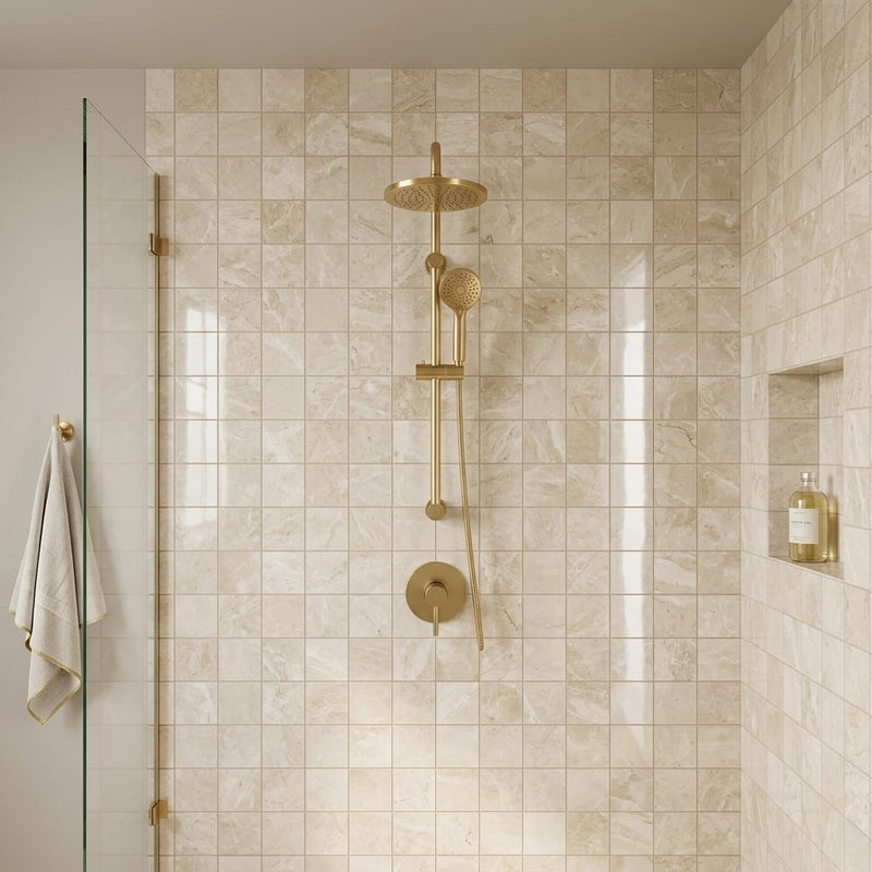 Diano Royal (Queen Beige) Marble 2x2 Polished Mosaic — Bathroom shower wall