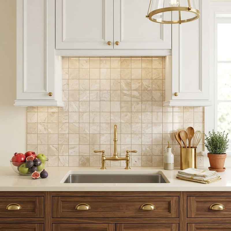 Diano Royal (Queen Beige) Marble 2x2 Polished Mosaic — Kitchen backsplash