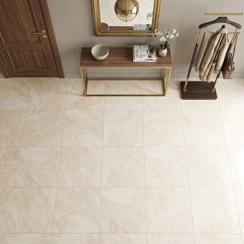 Diano Royal (Queen Beige) Marble 24x24 Honed Tile — Foyer floor