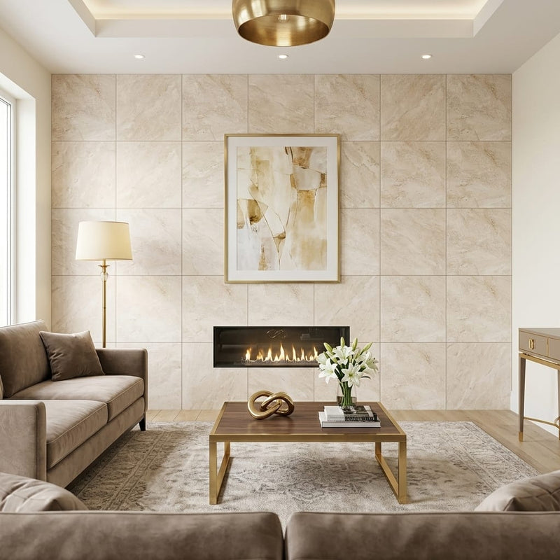 Diano Royal (Queen Beige) Marble 24x24 Honed Tile — Living Room feature wall