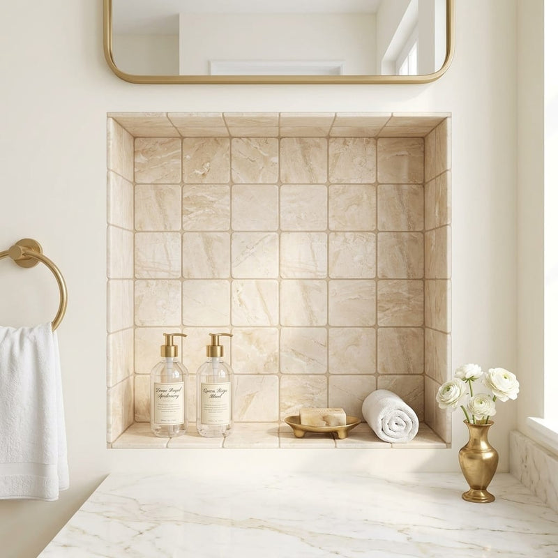 Diano Royal (Queen Beige) Marble 4x4 Tumbled Tile — Bathroom niche