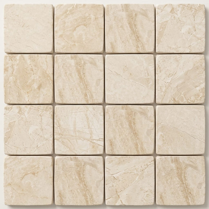 Diano Royal (Queen Beige) Marble 4x4 Tumbled Tile close-up