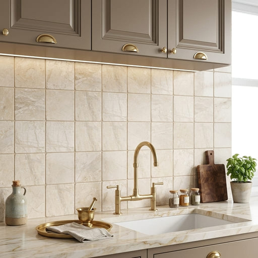 Diano Royal (Queen Beige) Marble 4x4 Tumbled Tile — Kitchen backsplash