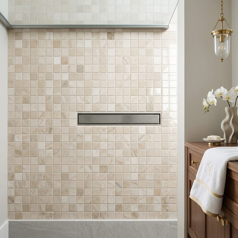 Diano Royal (Queen Beige) Marble 5/8x5/8 Polished Mosaic — Bathroom shower floor