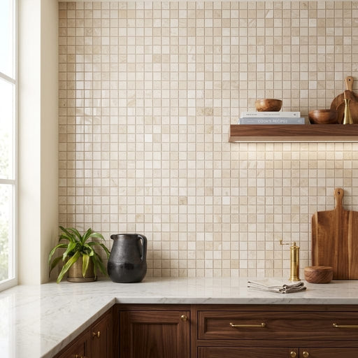 Diano Royal (Queen Beige) Marble 5/8x5/8 Polished Mosaic — Kitchen backsplash