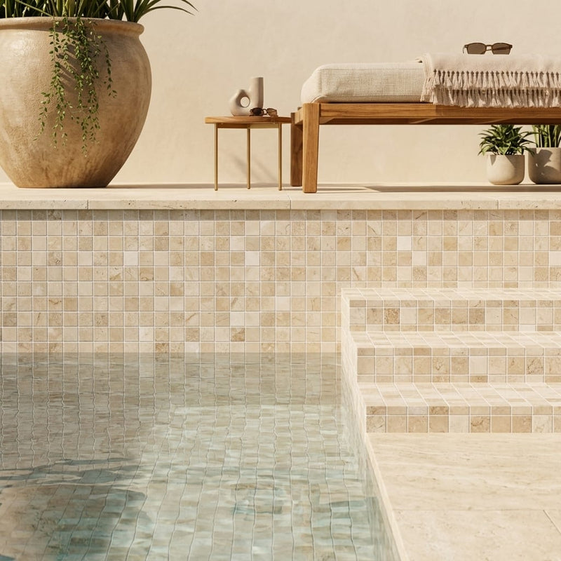 Diano Royal (Queen Beige) Marble 5/8x5/8 Polished Mosaic — Swimming Pool pool interior tiling