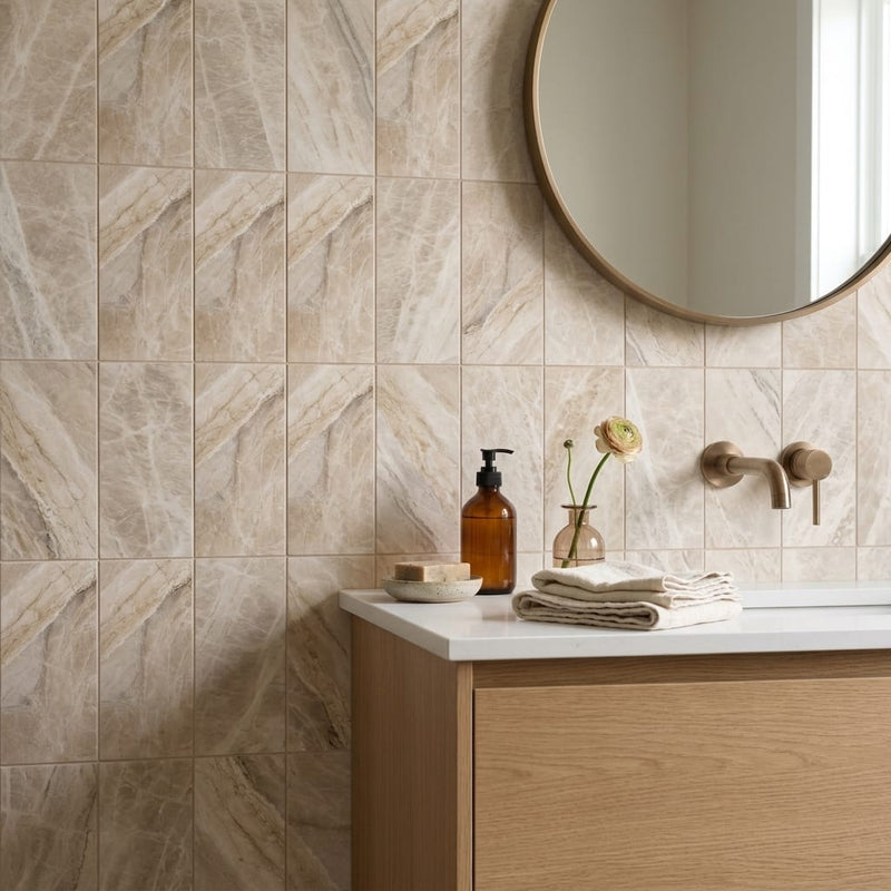 Diano Royal (Queen Beige) Marble 6x12 Honed Tile — Bathroom wall