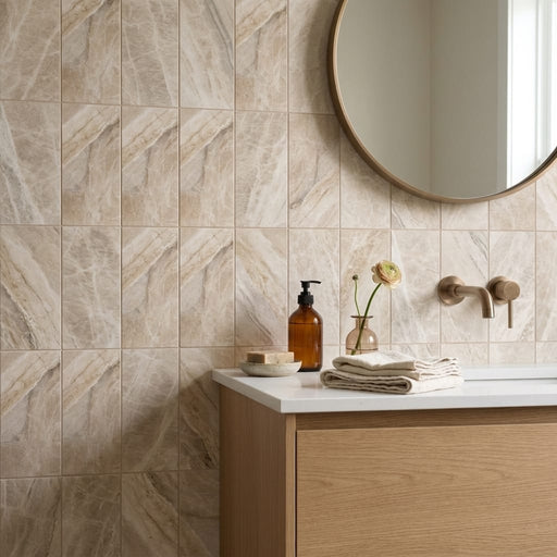 Diano Royal (Queen Beige) Marble 6x12 Honed Tile — Bathroom wall