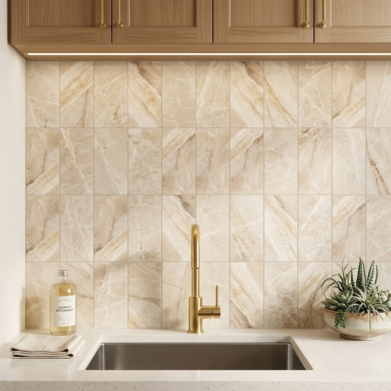 Diano Royal (Queen Beige) Marble 6x12 Honed Tile — Laundry Room backsplash