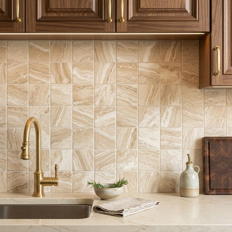 Diano Royal (Queen Beige) Marble 6x6 Tumbled Tile — Kitchen backsplash