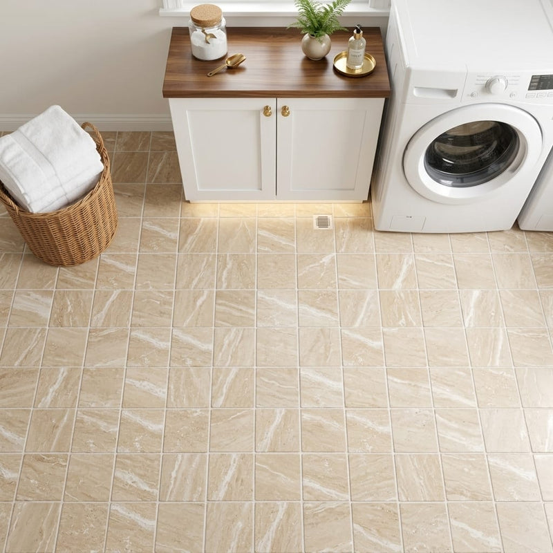 Diano Royal (Queen Beige) Marble 6x6 Tumbled Tile — Laundry Room floor