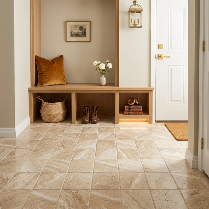 Diano Royal (Queen Beige) Marble 6x6 Tumbled Tile — Mudroom floor