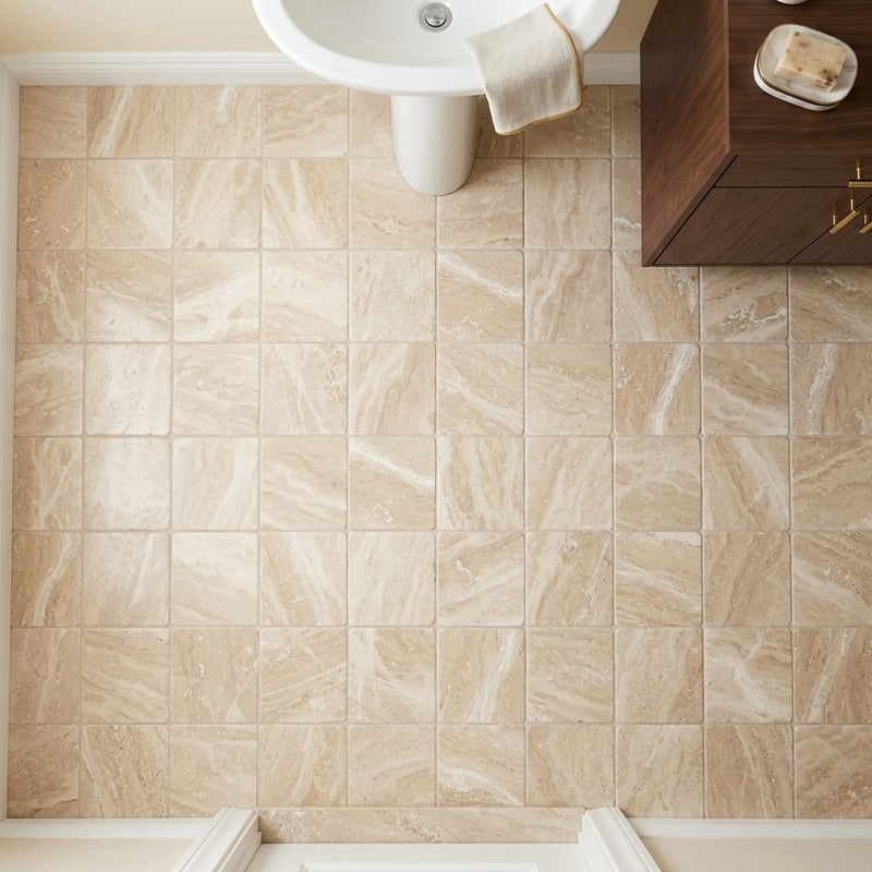 Diano Royal (Queen Beige) Marble 6x6 Tumbled Tile — Powder Room floor