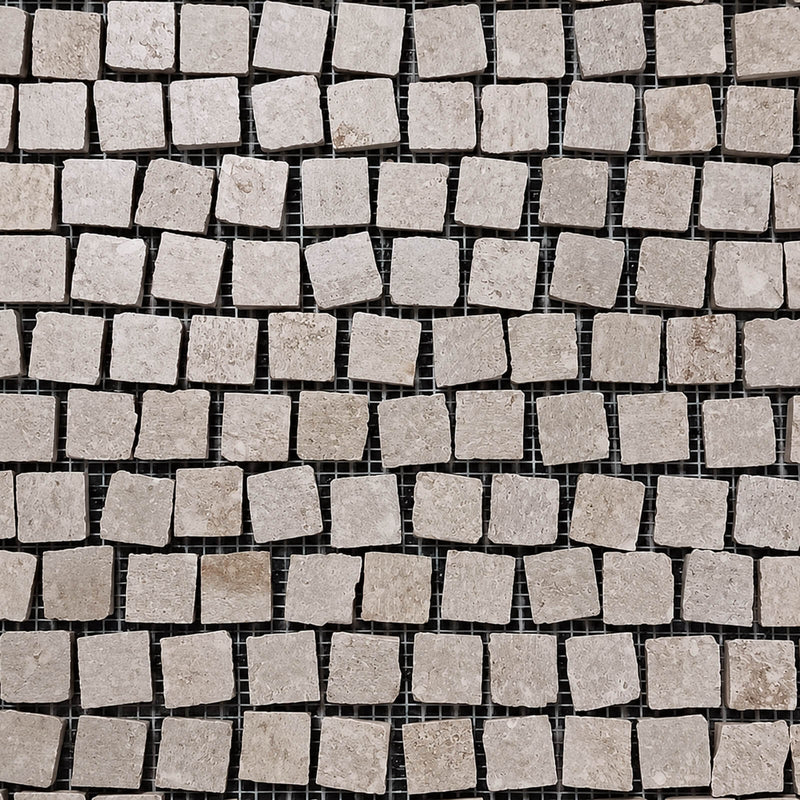Diurne Grey 12.8x12.8 matte ceramic mosaic with gray square pieces and visible dark mesh backing.