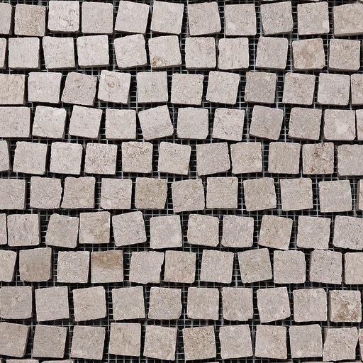 Diurne Grey 12.8x12.8 matte ceramic mosaic with gray square pieces and visible dark mesh backing.