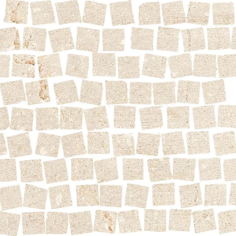 Diurne Sand matte ceramic mosaic with irregular beige square pieces and white joints.