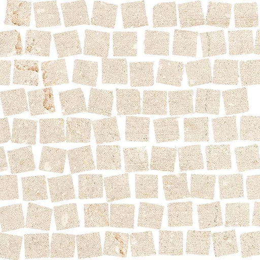 Diurne Sand matte ceramic mosaic with irregular beige square pieces and white joints.