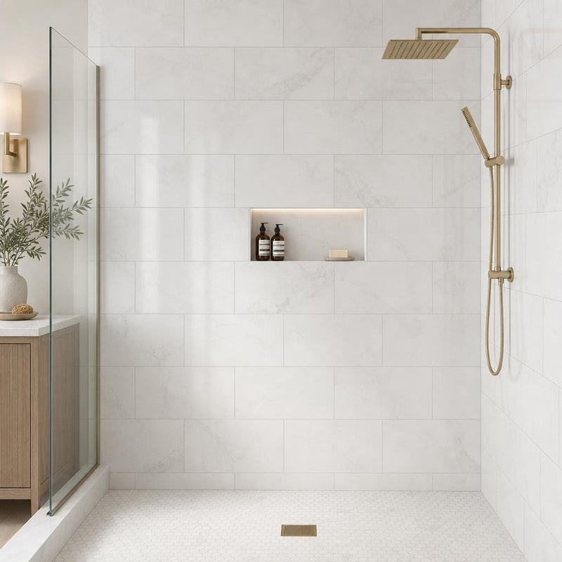 Dolamiti Ice 12x24 Polished Marble Tile — Bathroom shower wall