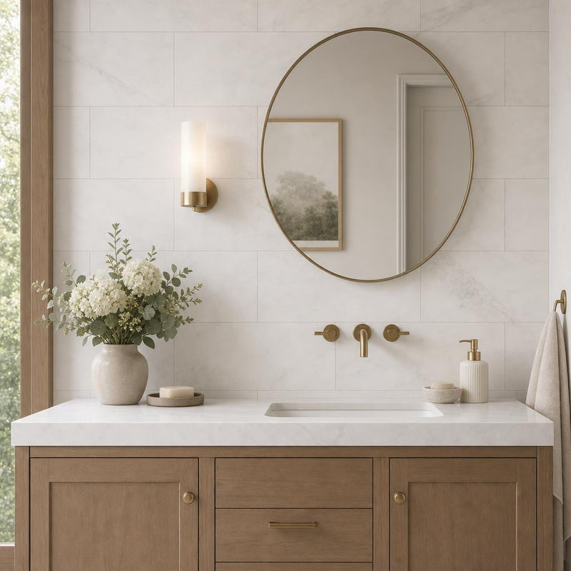 Dolamiti Ice 12x24 Polished Marble Tile — Bathroom vanity wall