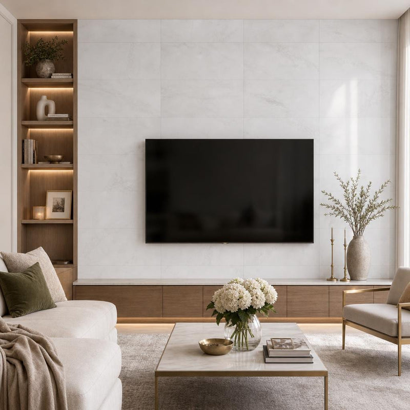 Dolamiti Ice 12x24 Polished Marble Tile — Living Room feature wall