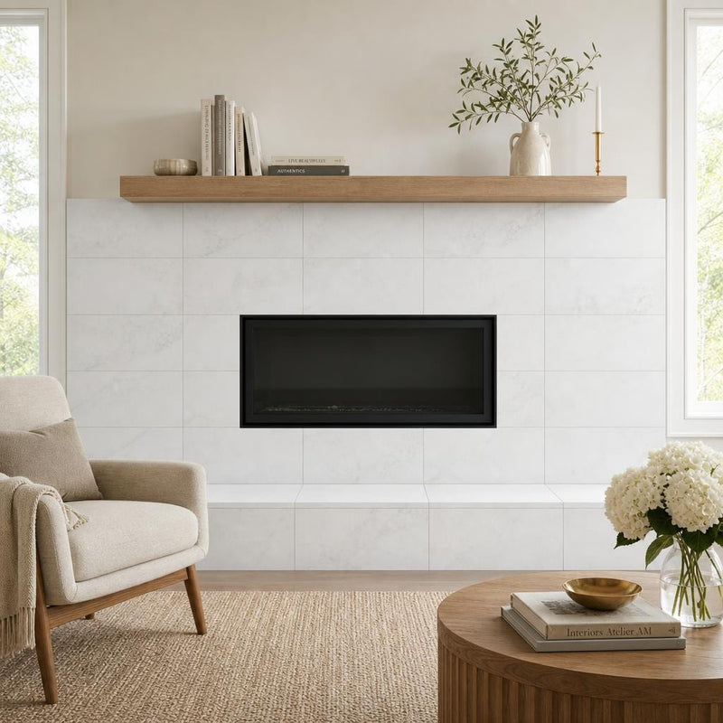 Dolamiti Ice 12x24 Polished Marble Tile — Living Room fireplace surround