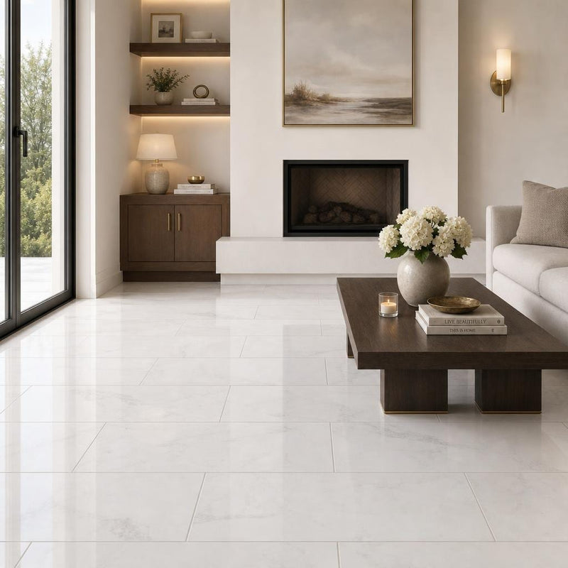 Dolamiti Ice 12x24 Polished Marble Tile — Living Room floor