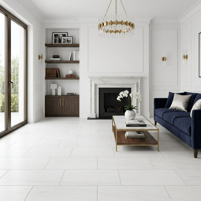Dolomite White 12x24 Honed Marble Tile — Living Room floor