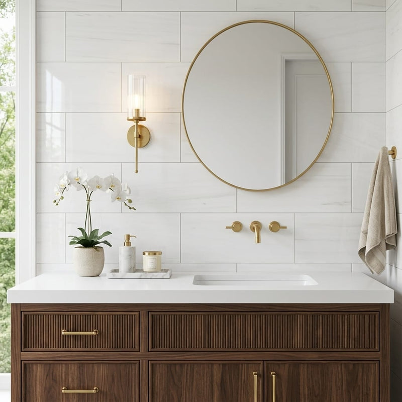 Dolomite White 12x24 Polished Marble Tile — Bathroom vanity wall