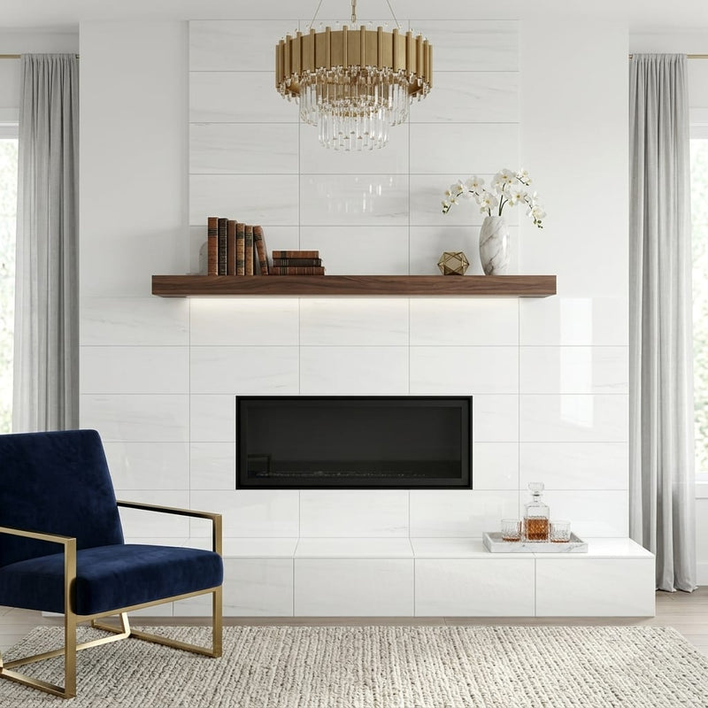 Dolomite White 12x24 Polished Marble Tile — Living Room fireplace surround