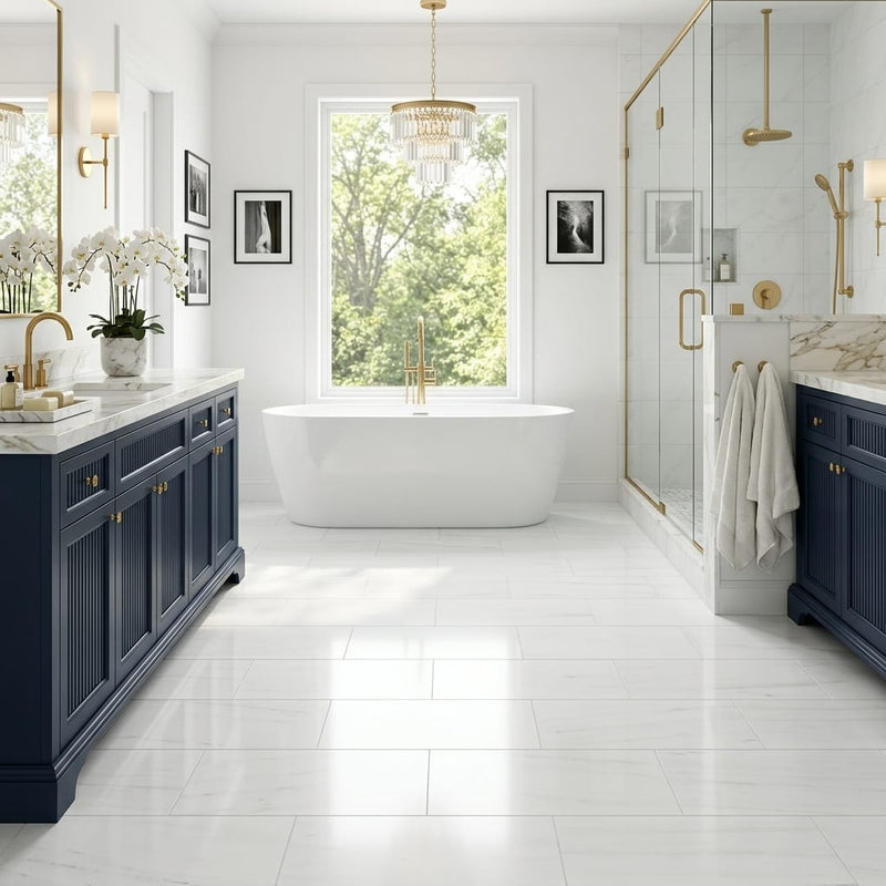 Dolomite White 12x24 Polished Marble Tile — Primary Bath floor