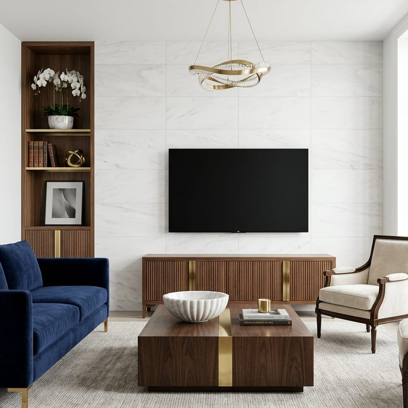Dolomite White Marble Tile 12x24 Honed — Living Room feature wall