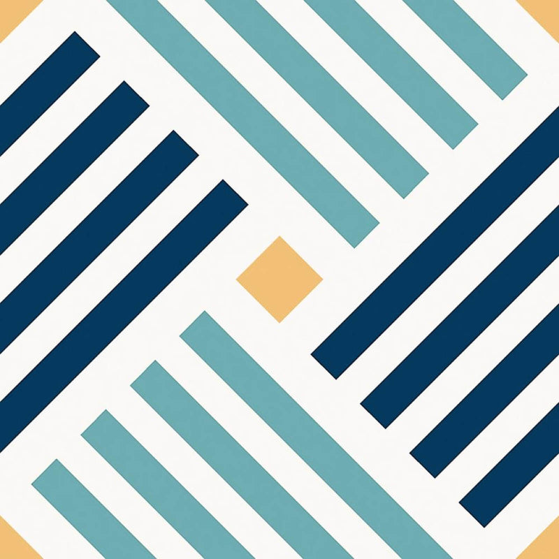 Doria Santorini 7.9x7.9 matte ceramic tile with navy blue and turquoise diagonal stripes and yellow diamonds on a white background.