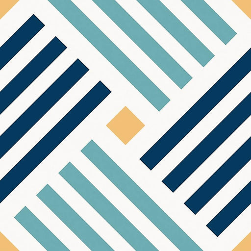 Doria Santorini 7.9x7.9 matte ceramic tile with navy blue and turquoise diagonal stripes and yellow diamonds on a white background.