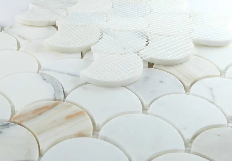Dragon Scale Calacatta Gold 9.75x10 Honed Marble Mosaic