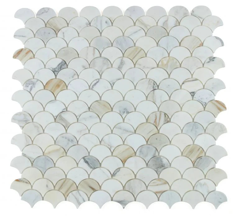 Dragon Scale Calacatta Gold 9.75x10 Honed Marble Mosaic