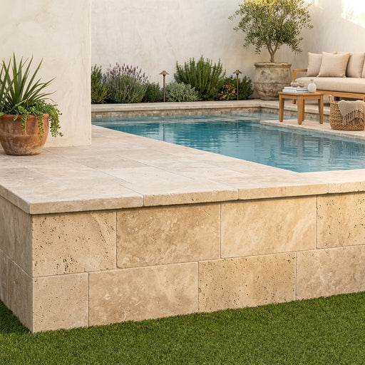 Durango 12x24 3cm Tumbled Eased Edge Travertine Pool Coping — Swimming Pool raised bond beam cap