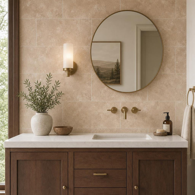 Durango 12x24 Honed Travertine Tile — Bathroom vanity wall