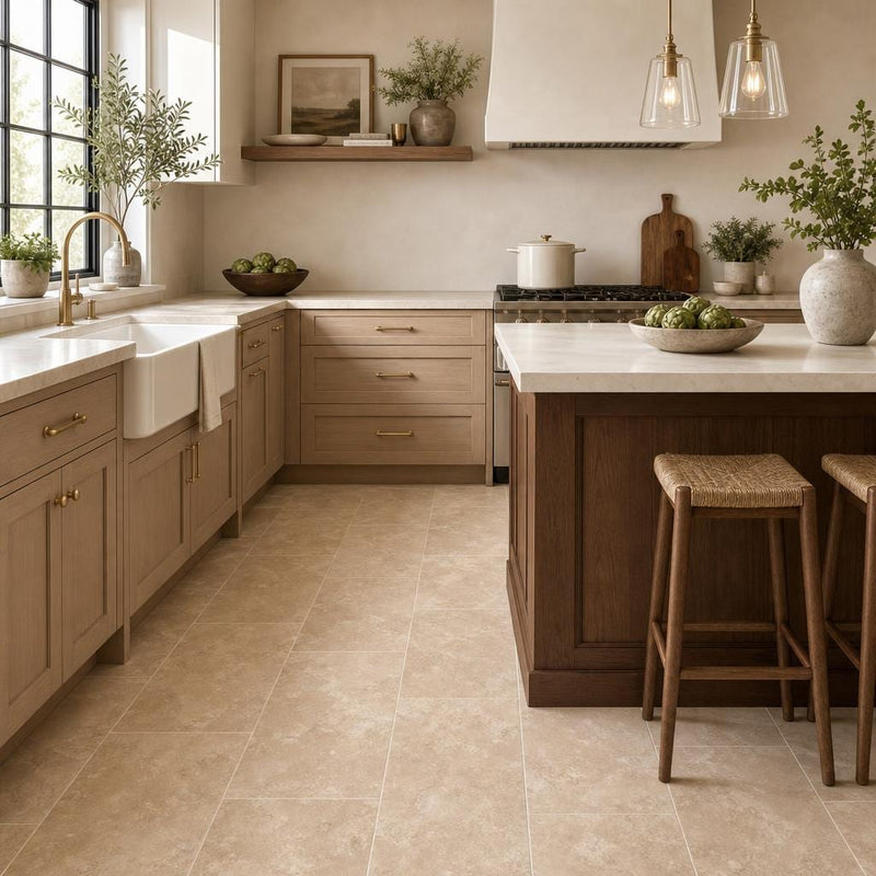 Durango 12x24 Honed Travertine Tile — Kitchen floor