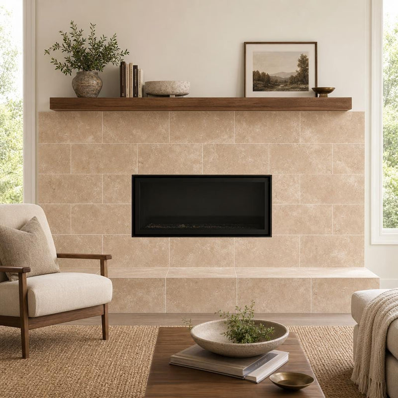 Durango 12x24 Honed Travertine Tile — Living Room fireplace surround