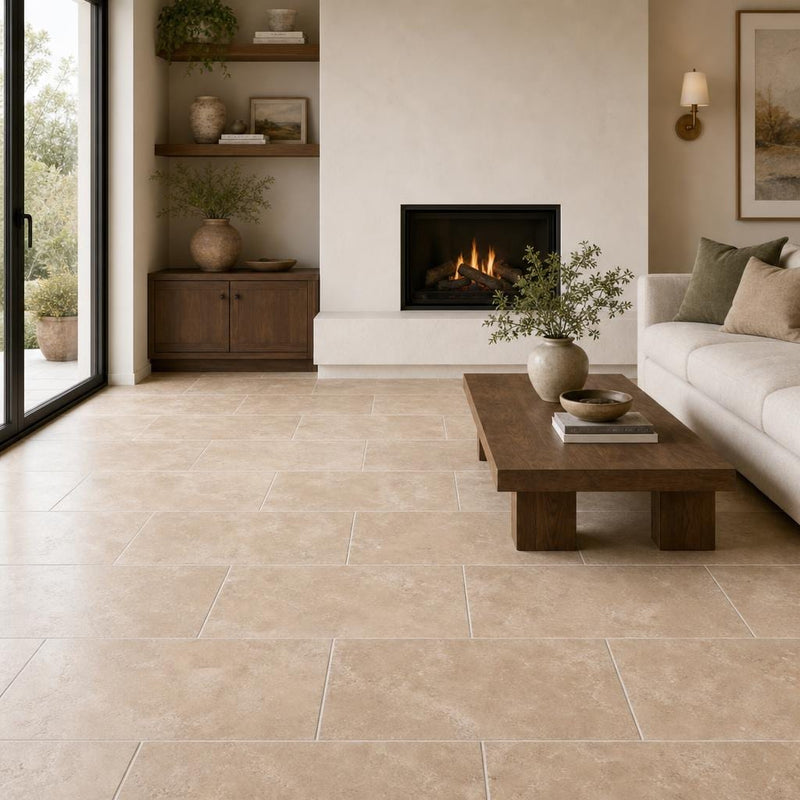 Durango 12x24 Honed Travertine Tile — Living Room floor