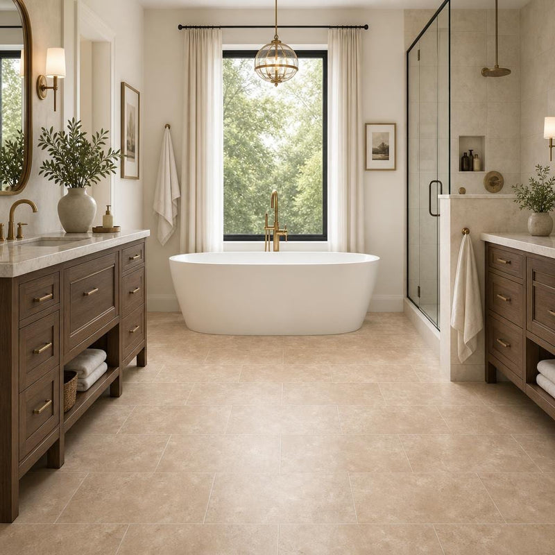 Durango 12x24 Honed Travertine Tile — Primary Bath floor