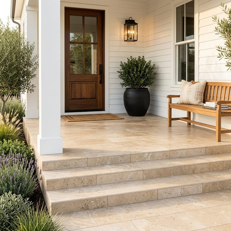 Durango 12x24 Pool Coping 5cm Eased Edge Travertine Paver — Front Yard front porch