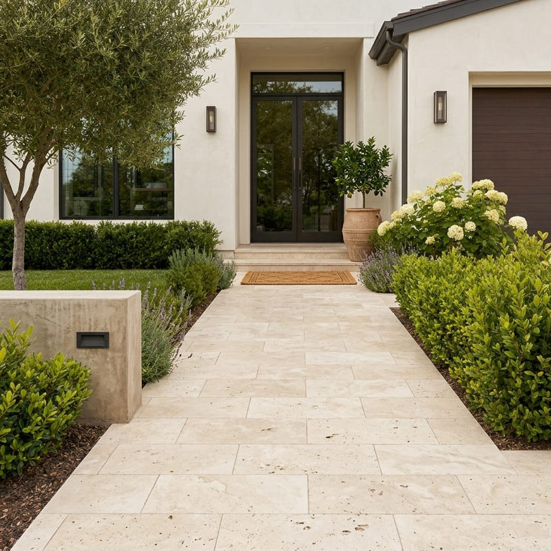 Durango 12x24 Pool Coping 5cm Eased Edge Travertine Paver — Front Yard walkway