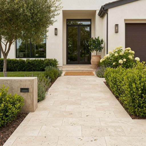 Durango 12x24 Pool Coping 5cm Eased Edge Travertine Paver — Front Yard walkway