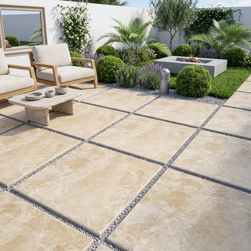 Durango 24x24 3cm Brushed & Lightly Chiseled Travertine Paver — Backyard patio