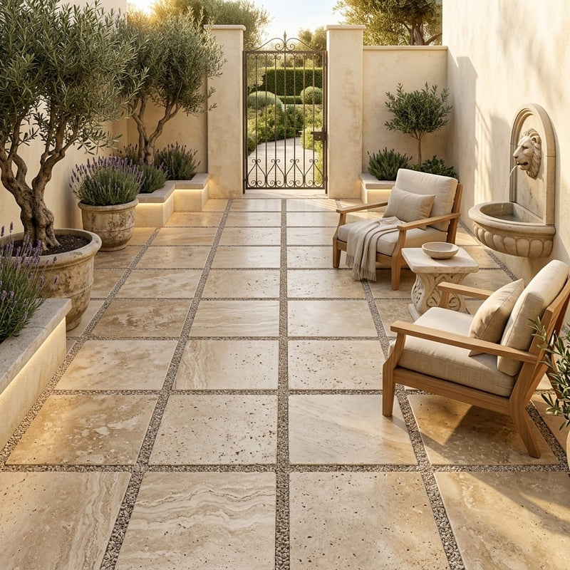 Durango 24x24 3cm Brushed & Lightly Chiseled Travertine Paver — Courtyard paving