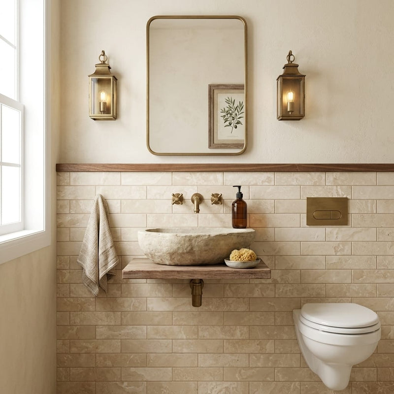 Durango 3x12 Brushed Straight Edge Travertine Tile — Powder Room wainscot