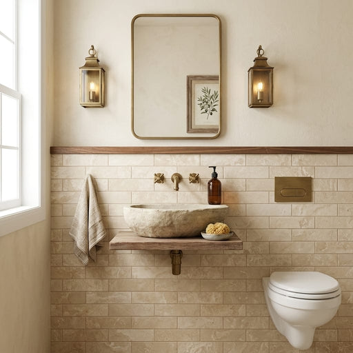 Durango 3x12 Brushed Straight Edge Travertine Tile — Powder Room wainscot